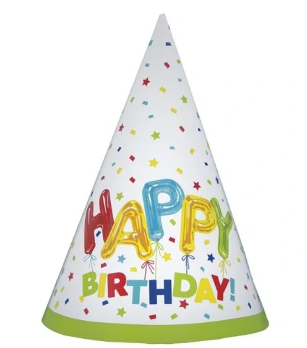 Papírové čepičky Happy Birthday s balónky 16 cm – 8 ks