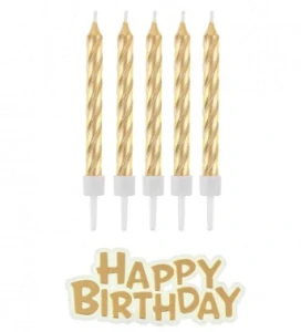 Dortové svíčky zlaté s držátky a nápis Happy Birthday 8 cm - 16 ks