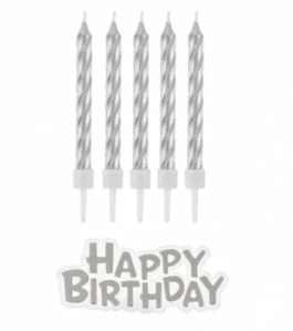 Dortové svíčky stříbrné s držátky a nápis Happy Birthday 8 cm - 16 ks