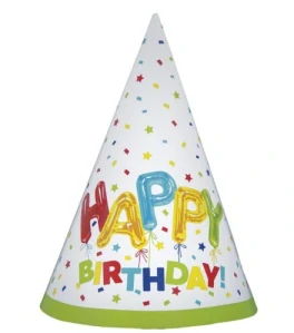 Papírové čepičky Happy Birthday s balónky 16 cm – 8 ks