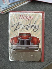 Přáníčko Happy Birthday - retro auto 17x12cm s obálkou