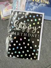 Přáníčko Happy Birthday - stříbrné puntíky 17x12cm s obálkou