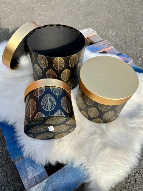 Box kulatý vysoký - listy černo-zlatá S,M,L