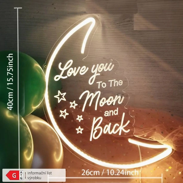 LED nápis Love you to the moon and back 40x26cm